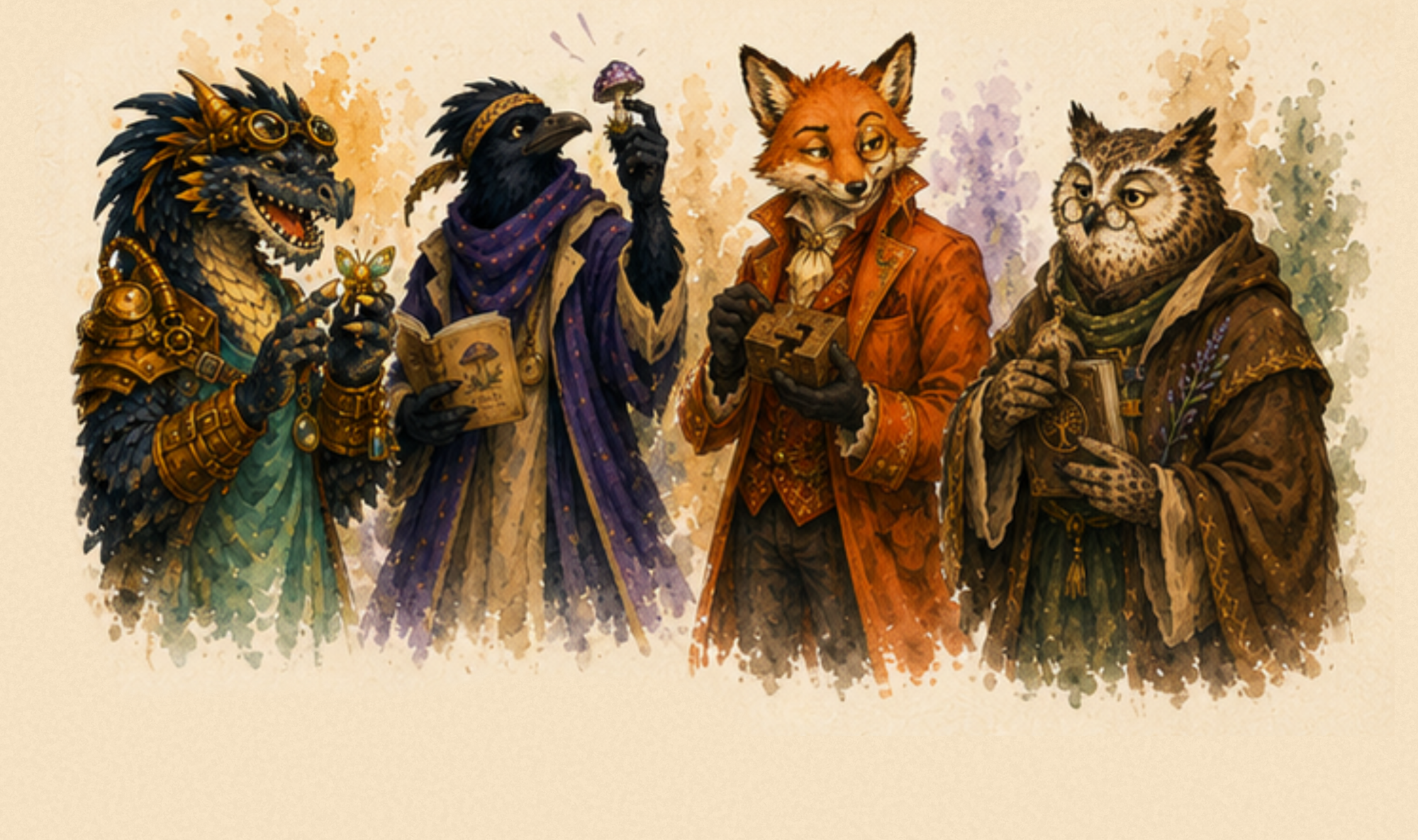 Wit, Wisdom, Wonder, and Spark having tea together