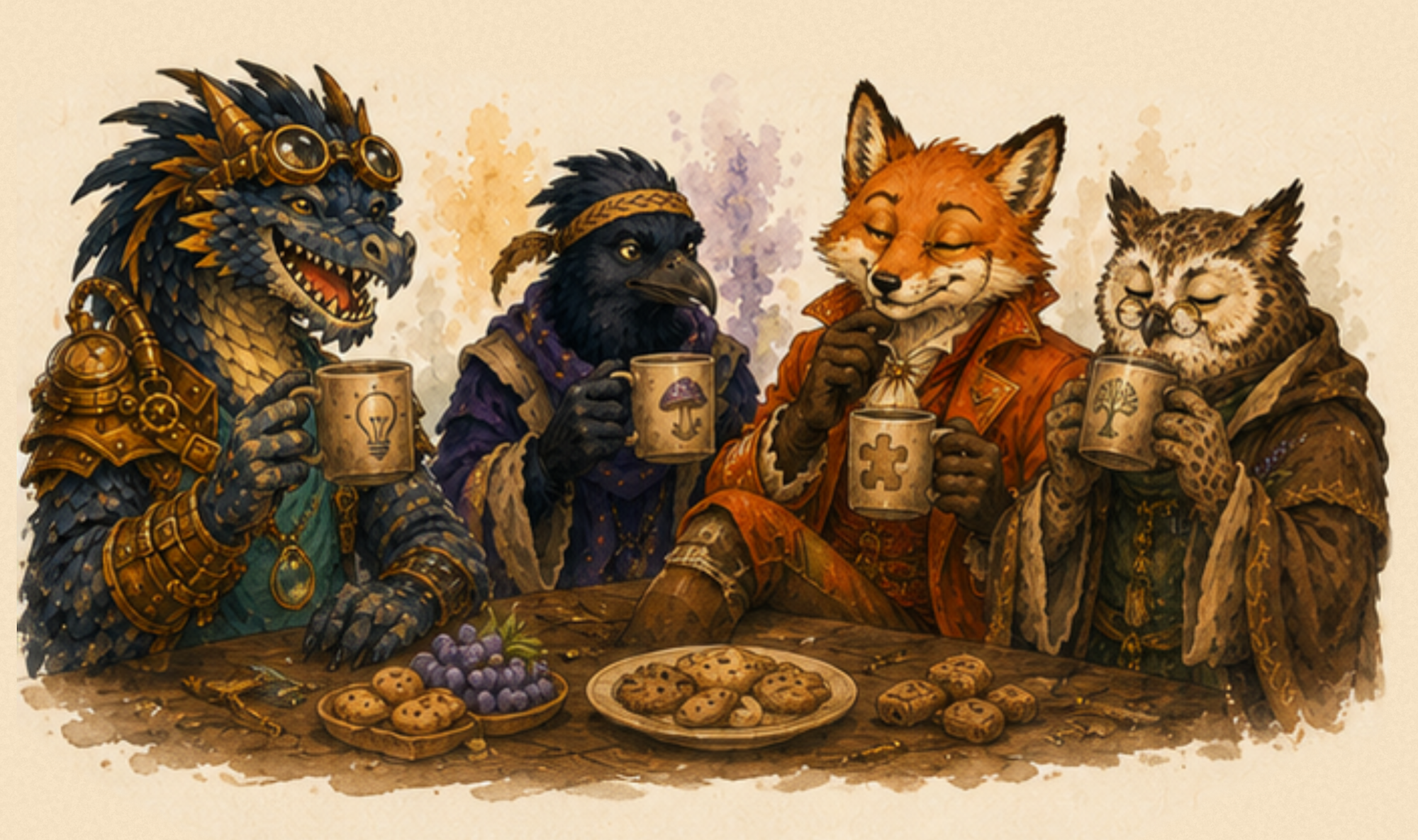 Wit, Wisdom, Wonder, and Spark having tea together